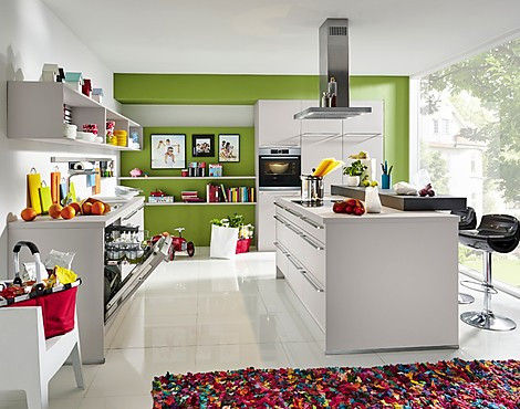 Moderne Küche mit Theke und BOSCH Gerätepaket zum Schnäppchenpreis - Touch Seidengrau