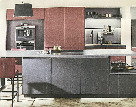 Musterküche Lacklaminat schwarzsamtmatt mit burgundrot kombiniert - Lacklaminat schwarzsamtmatt mit burgundrot kombiniert