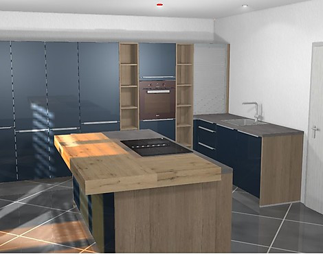 Blaue L Küche mit Kochinsel, Hoch gebautem Backofen und Theke - ECO