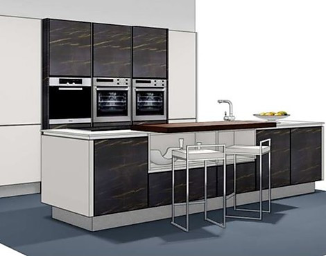 Fotoküche Faro Hochglanzlack Satin-weiß und Merkur Marmor Dunkel - G212 Faro satin Hochglanzlack und G276 GL Merkur marmor dunkel