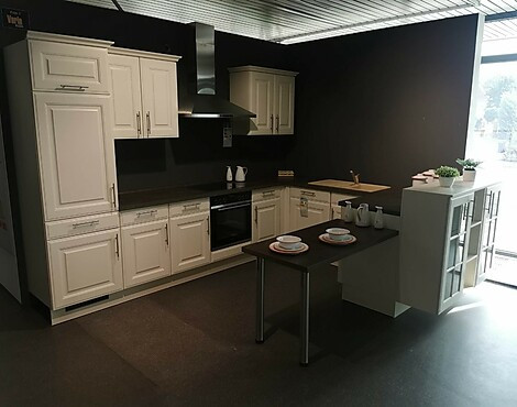 Landhaus Winkelküche U-Form mit Ansatztisch - Nadine F417 Magnolie seidenmatt
