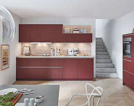 Grifflose Lacklaminat Küche in ROT mit Arbeitsplatte Eiche Halifax - Easytouch