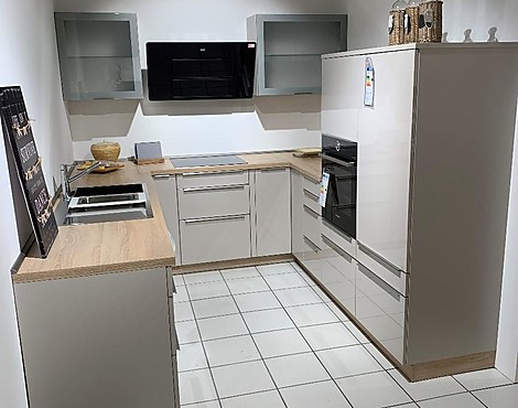 Moderne U Küche in Sandgrau Hochglanz - Uni Gloss (UGL) P211 Sandgrau Hochglanz