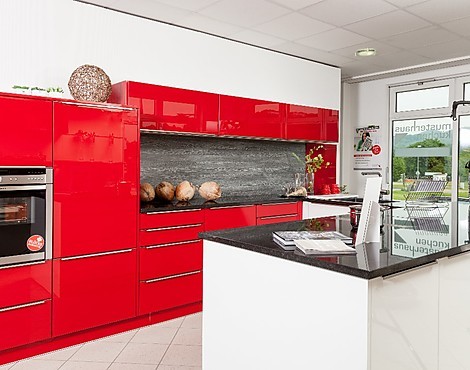 Moderne Ferrari rot glänzende Küche + Snow white hochglanz Lack und Granit - Calais Ferrari rot glänzend + Valencia Snow white hochglanz Lack