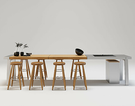 bulthaup b2 Werkbank Edelstahl mit Eiche Barbereich inkl. Gaggenau Kochfeld - bulthaup b2 Werkbank
