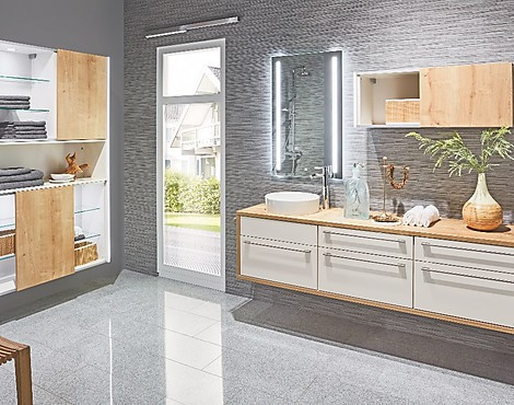 Exklusives Badezimmer Lack Magnolia Hochglanz mit Eiche Provence - Ausstellungsstück neu - Lux und Rio