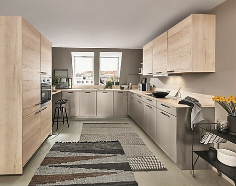 NUR NOCH 5.698,€ "Lacklaminat" Fronten Stahl gebürstet große U - Küche in Maxi - Höhe - INOX / STRUCKTURA