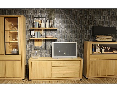 Vitrine, Kommode, Regal und TV-Lowboard im Set Eiche massiv Bianco - Amber Wohnwand Set