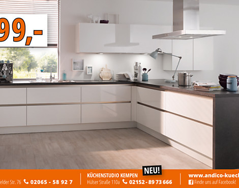 Moderne grifflose Wohnküche inkl. Neff-Elektrogeräte - NEFF Slide und Hide Backofen mit Versenktür