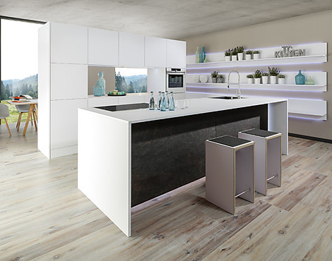 Inselblock und Hochschrankzeile - Tinos arctic white / Stone slate black
