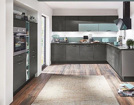 Design Einbauküche Schwarz-beton mit Farbabsetzung inkl. Geräte - Salto