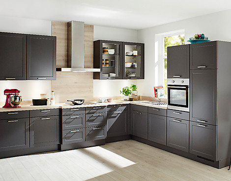 L-Küche mit vorgezogener Kochlösung    345x305 cm Lacklaminat Steingrau - Cascada
