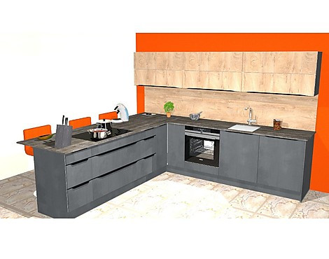 moderne offene Küche - C 110 Comet Spachtelbeton graphit / C230 Toronto Alteiche sand
