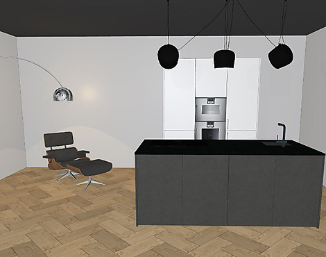 Luxus-Inselküche mit Geräten von Gaggenau - Natursteinarbeitsplatte mit Unterbauspüle und flächenbündigen Kochfeld mit Muldenlüftung - steelwhite by S187