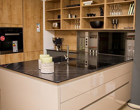 Y-LK - Moderne Musterküche Holz-und Glanzsteingrau-Hochglanz-Lack-Kombination