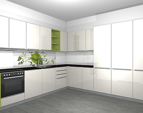 kristallgraue Lacklaminat Küche mit grünen Farbakzenten und Dekorglasrückwand - UGL Uni Gloss