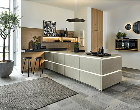 Moderne Inselküche in Zement Sephirgrau und Chalet eiche Farbkombination - Portland