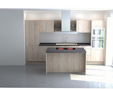 moderne Insel-Küche mit Induktion und V&B Keramikspüle - Cora Sonoma Eiche Nachbildung