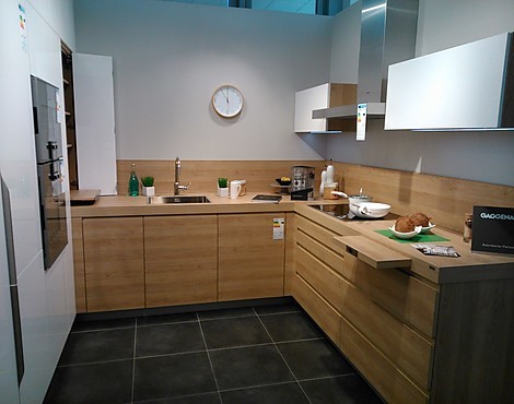 – Miniküche, Maxi-Stauraum, nordisches Design - – Modell PORTLAND Indian oak Effect und STRASS Lack glänzend weiß
