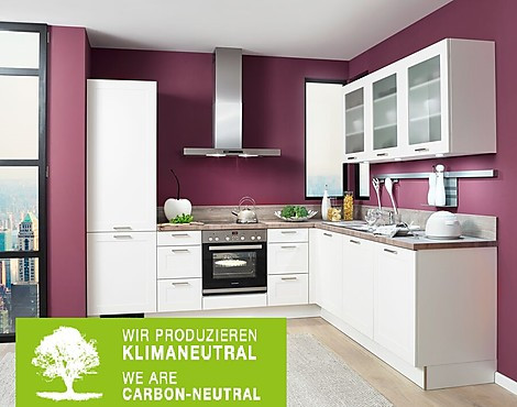 Moderne Landhaus Küche weiß matt Kst.ummantelt L-Form mit Elektro-Geräten - C-539 Lotus Weiß matt kunststoffummantelt