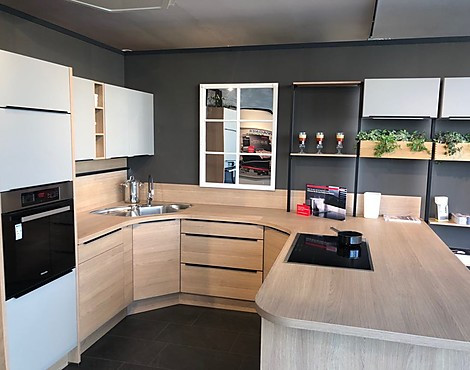U-Küche, halbrund, Steingrau supermatt m. Eiche Somerset - Touch Lacklaminat steingrau supermatt m. Eiche Somerset