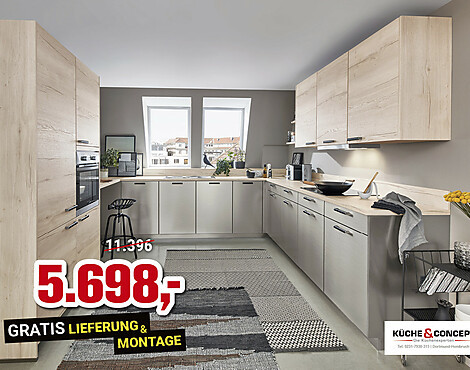 Moderne Küche in Steingrau und gebürstetem Stahl - Inox/ Structura