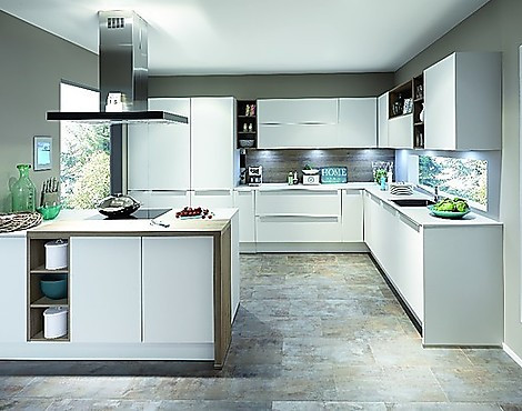 perfekte L-Küche in Beton Optik, Holz mit Kochinsel und unglaublich viel Stauraum - Speed mit Beton