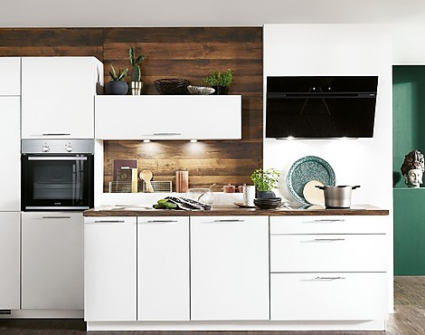Design Einbauküche Alpin weiß mit Schräg-Esse in XL -Höhe - Salto