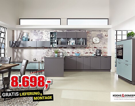 - extravagantes Design mit Fronten in Schiefergrau supermatt und Aqua - Touch