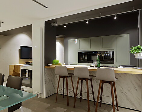 Schlichte Küche in betongrau mit Touch-Griffen, Theke in Altholz geprägt", Kaffeevollautomat und Weinkühlschrank - Super reduziert - wir brauchen Platz! - Selektion K35 - AV2045 Carrara weiß