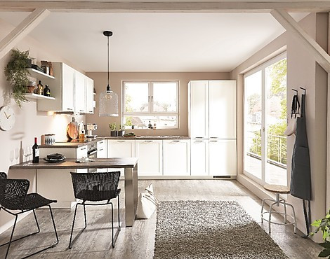 Grosse Küchenzeile in L Form / Maxi Höhe mit Rahmentür / Lack weiß / mit Ansetztisch 65 cm breit - NORDIC / 290 cm x 345 cm, Ansetztisch 65 cm breit. Sonderpreis 4.798,-,-€