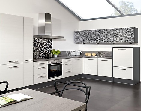 moderne L-Küche - Cristal weiß Hochglanz lackiert
