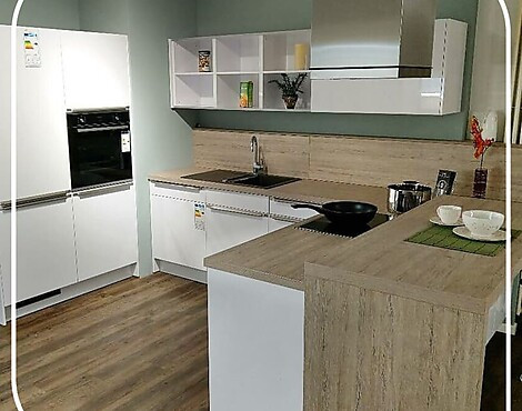 Abverkaufsküche weiß modern mit Tisch - Classic Laser Brilliant Polarweiß