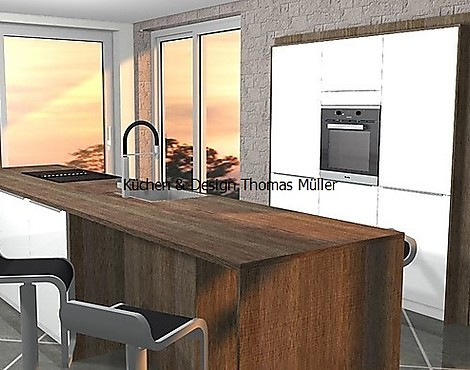 Design in Hochglanz und Holz mit der modernsten Technik von Miele. Mit Insel und Theke Küchen Nr.: 841719 - Vitrea Hochglanz mit Torfeiche