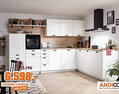 Grosse Küchenzeile in L Form / Maxi Höhe mit Rahmenfront / Lack / - NORDIC / 335 cm x 245 cm Sonderpreis 6.598,-€