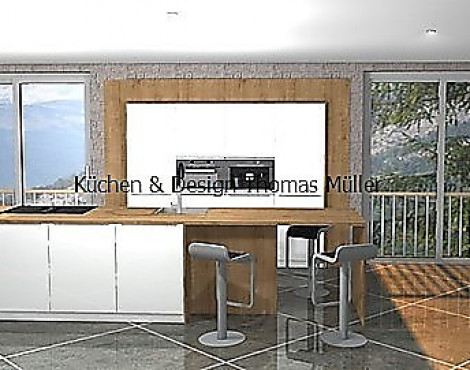 LEICHT Küche mit Kaffeemaschine Vitrea Hochglanz mit Karsteiche Design in Hochglanz und Holz mit der modernsten Technik von Miele mit Insel und Theke Küchen Nr.: 841722 - Vitrea mit Kasteiche
