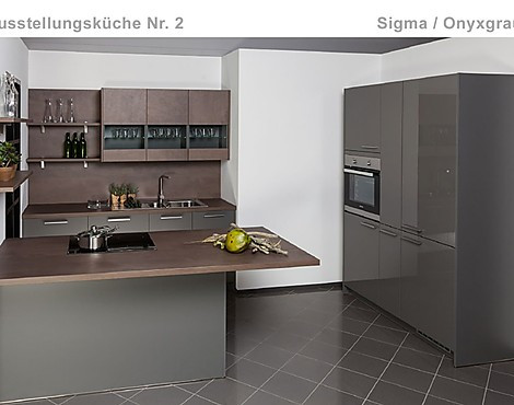 Austellungsküche 02 reduziert - Sigma Onyxgrau Lack Hochgl. / Delta Oxyd Kupferbronze Spachteloptik