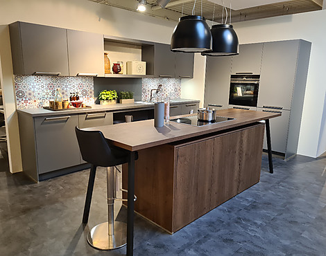 moderne Einbauküche Mattlack lavagrau mit Kochinsel - AV 2035