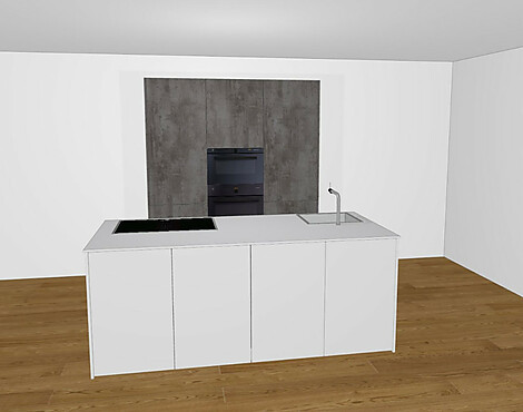 Verfeinert mit Luxusgeräten von Gaggenau & V-Zug - Traumhaften Holz Auszügen aus Eiche, Kühl-/Gefrierkombination, Flex-Induktionskochfeld mit Absaugung und eine Spülmaschine mit Innenbeleuchtung - S187 by JB | Inselküche Weiß/Beton
