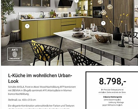 The Urban Kitchen / L-Küche im wohnlichen Urban-Look - AVOLA, Front in Akoni Wood Nachbildung AFP kombiniert mit SIENNA in Olivgelb samtmatt AFP, Arbeitsplatte in Marmor bianco Nachbildung