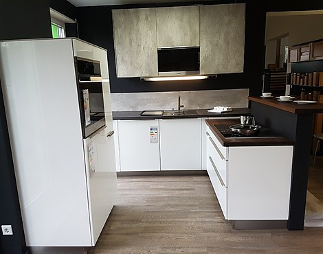 Fast geschenkt!!! Edle L-Küche mit Geräteblock und Sideboard - Muranon Glasfront Weis Hochglanz mit Griffleiste