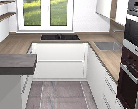 Moderne U Küche mit viel Stauraum in Weiß mit Holz und Theke, - ECO Pro
