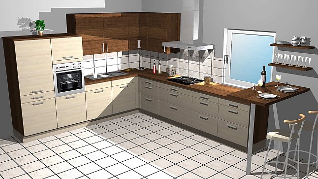 Kitchenclick musterküche l küche in holz optik mit theke ...