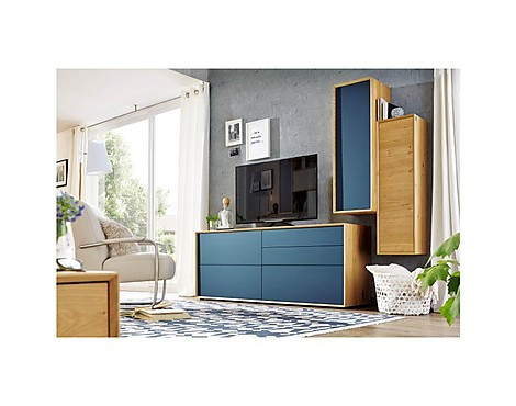TV-Sideboard Blau in Blau mit Hängeschränken in Wildeiche - Wohnwand Salamanca