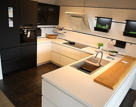Moderne Designer U- Küche schwarz/weiß, Glasfronten, grifflos - GLM Glasline