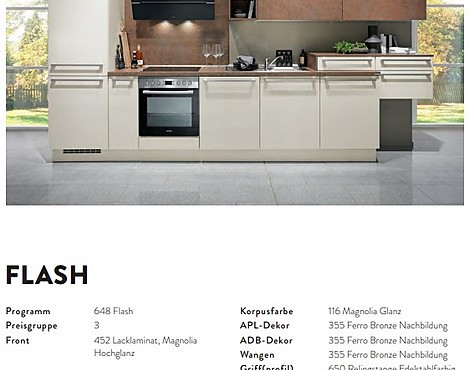 Einbauküche - Lacklaminat, Magnolia Hochglanz - FERRO BRONZE Nachbildung