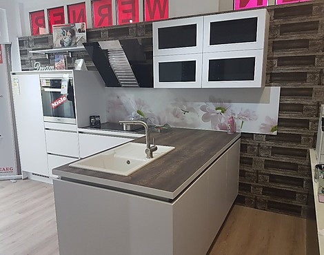 Grifflose moderne Küche mit Insel - Laser Premiumweiß
