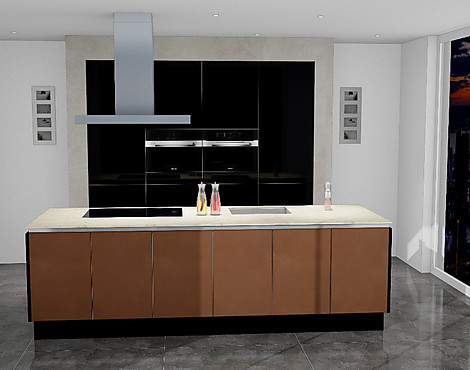 Aktionsküche mit Quarzarbeitsplatte und Miele Geräten - TM schwarz softmatt und PD Bronze