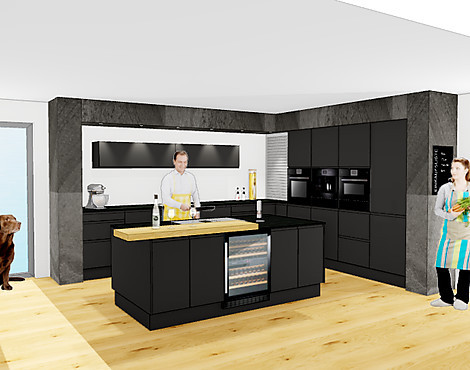 Flexibel rechts/links aufstellbar! Umlaufend hochwertig lackierte Fronten in Samtmattlack mit Anti-Fingerprint, geflammter Naturstein, Rolladenschrank, Echtholz-Einsätze, edle Armatur, Gefrierschrank... JETZT LOCKDOWN-BONUS SICHERN, LIEFERUNG SPÄTER! - TRAUMHAFTE ECK-KÜCHE IN ALEA MATT LAVA - MIT KOCHINSEL & LUXUS-AUSSTATTUNG: Pyrolyse-Backofen mit Profi-Bräter, Kombidampfgarer (beide mit Speisenthermometer & Automatik), Kaffeeautomat, Wärmeschublade, 0°Zone, Top-Muldenlüfter, Weinkühler, Eiche-Theke...