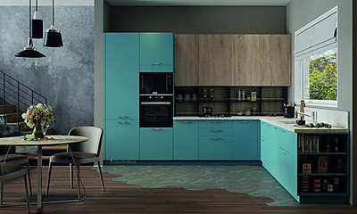 L-Küche in Blau und Holzdekor